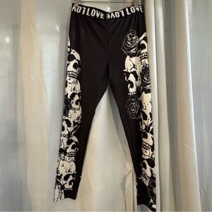 Zich‎ Womens Black Skull and Rose pattern Leggings Size L w Elastic Waist